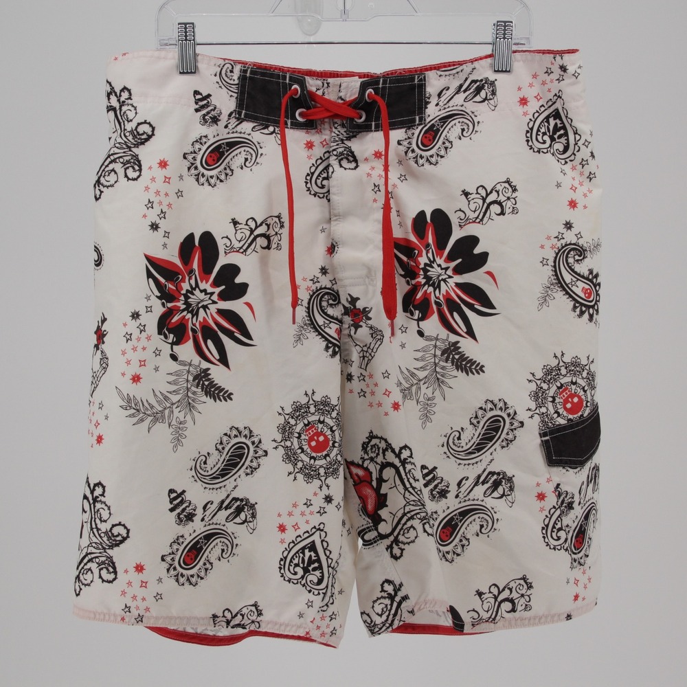 Joe Boxer Men's White Paisley‎ Skull Floral Print Board Shorts Size Large